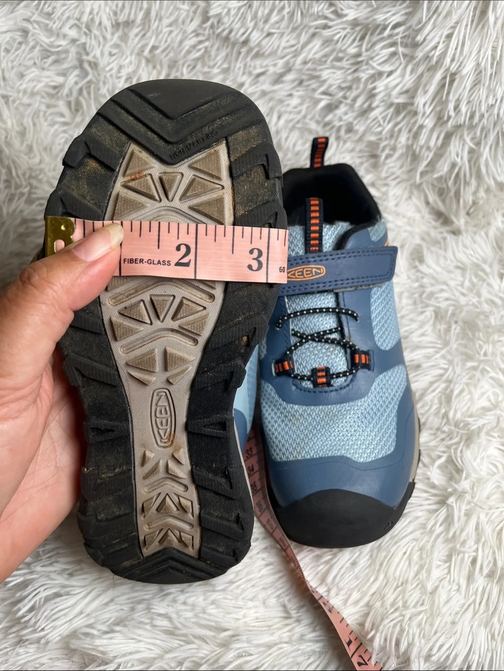 Keen Kids Light Blue and Navy Velcro Sneaker with Orange Accents